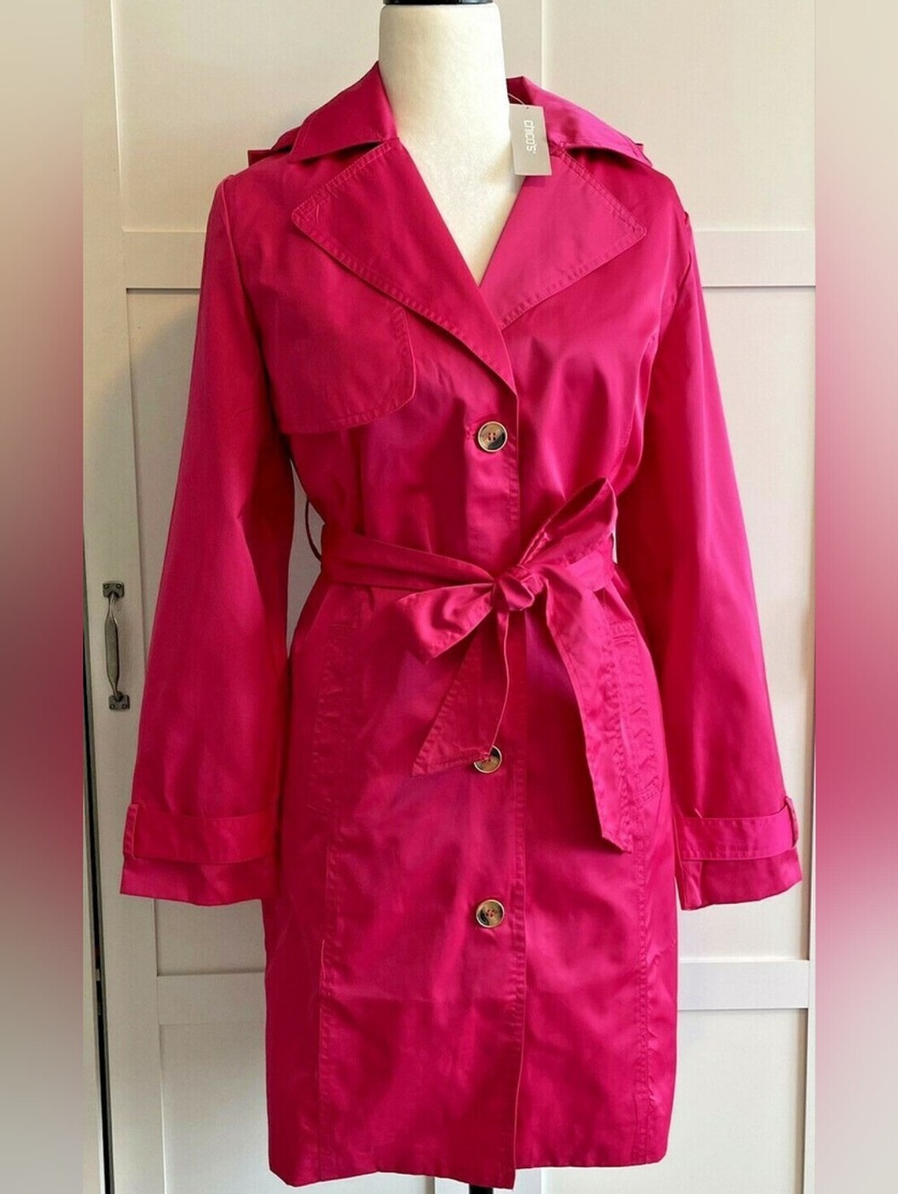 Women's Bright Fuchsia Trench Coat with Tie Belt Chico's Trench Rain Coat Sz 1